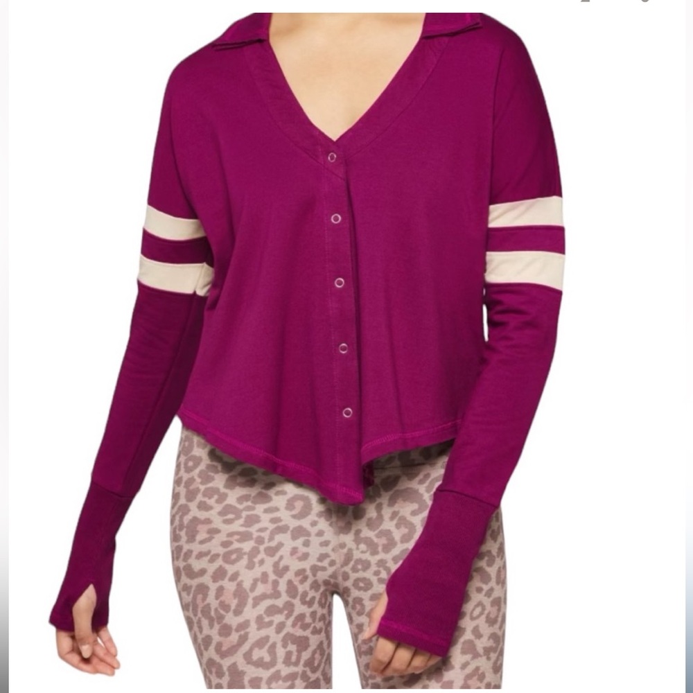 Free People Movement Magenta Quinn Layer Snap Front‎ Striped Cardigan Thumbholes